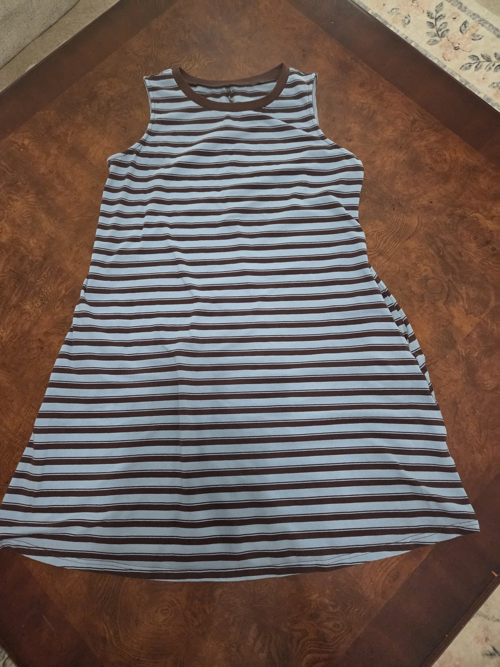 Pockets! Sleeveless Blue and Brown Striped A-Line Dress, L